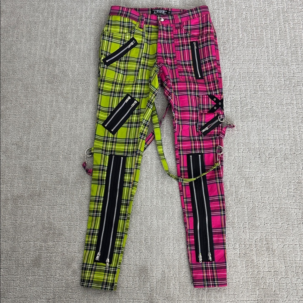 Tripp NYC pink green plaid split pants bondage suspended unisex straight leg - Picture 1 of 8